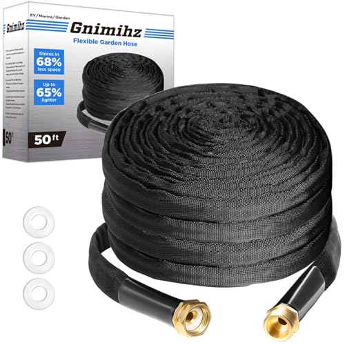 Garden Hose 50ft, Made of TPE(Not PVC), Ultra-Light & Flexible Water Hose with Solid Brass Fittings, Non-Shrinking, Easy to Storage, Drinking Water Safe Material, All-weather, Black, Newbox