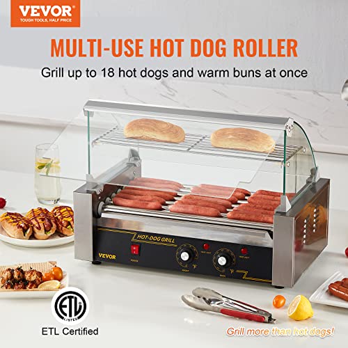 VEVOR Hot Dog Roller, 12 Hot Dog Capacity 5 Rollers, 750W Stainless Steel Cook Warmer Machine with Dual Temp Control, LED Light and Detachable Drip Tray, Sausage Grill Cooker for Kitchen Restaurant