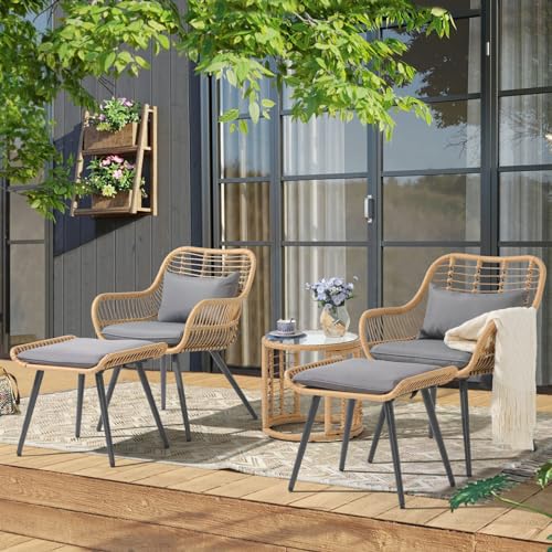 JOIVI 3 Piece Patio Bistro Set, Wicker Outdoor Patio Set with Enhanced Comfort Seating, Round Glass Top Coffee Side Table, Patio Rattan Conversation Set for Balcony, Lawn, Garden, Backyard, Black