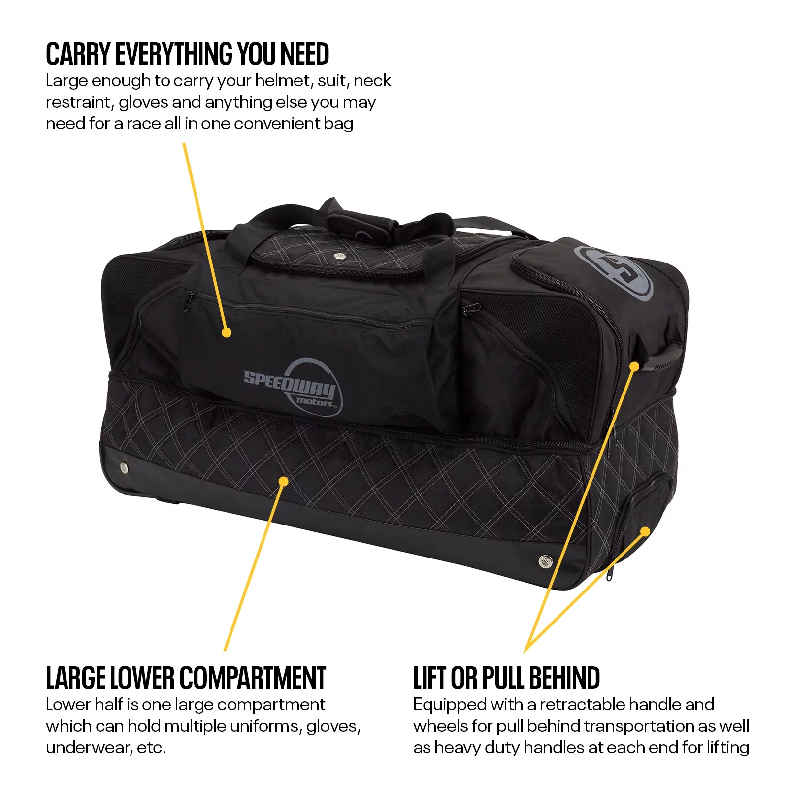 Speedway Motors Pro Roller Racing Gear Travel Bag: Large Multi-Compartment for Helmets, Suits, Shoes, 35x15x15 inches, Retractable Handle, Vented Compartments, Durable Nylon, Heavy-Duty Wheels
