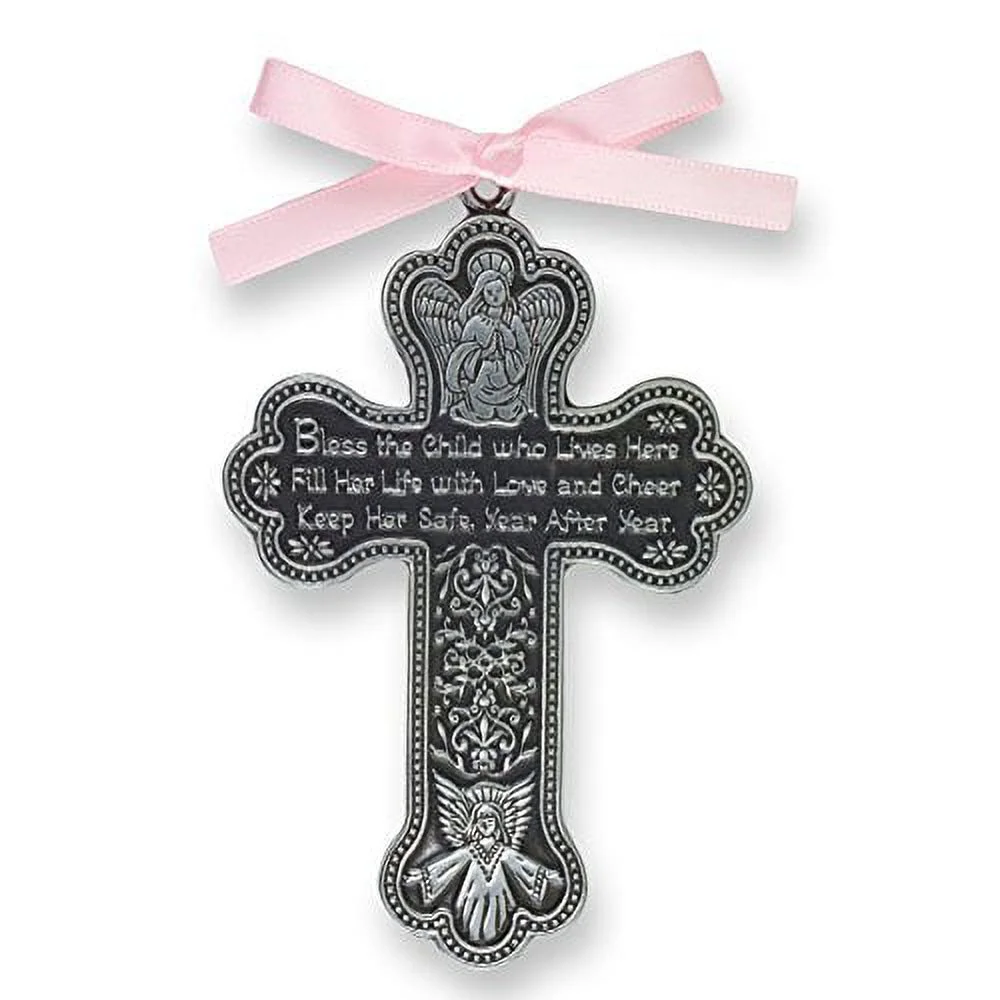 Crib Cross-Bless This Child with Pink Ribbon - Pewter