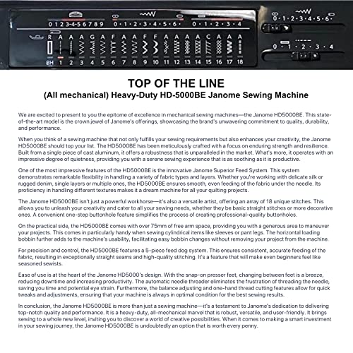 Janome HD-5000 Black Edition Heavy-Duty Sewing Machine with Aluminum Body, 18 Stitches, Free Arm, and Built-In Needle Threader