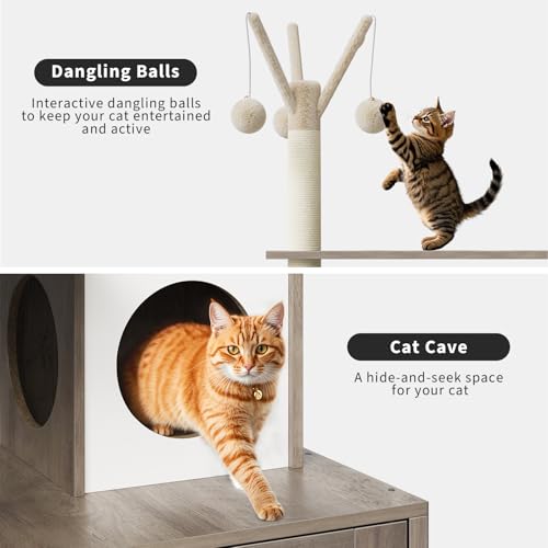 57.5-Inch Cat Tree with Litter Box Enclosure 2-in-1 Modern Cat Tower with Cat Condo/Hammock/Scratching Post/Plush Perch/Removable Pompom Sticks/Caves, Wooden Hidden Litter Box Furniture, Oak Brown