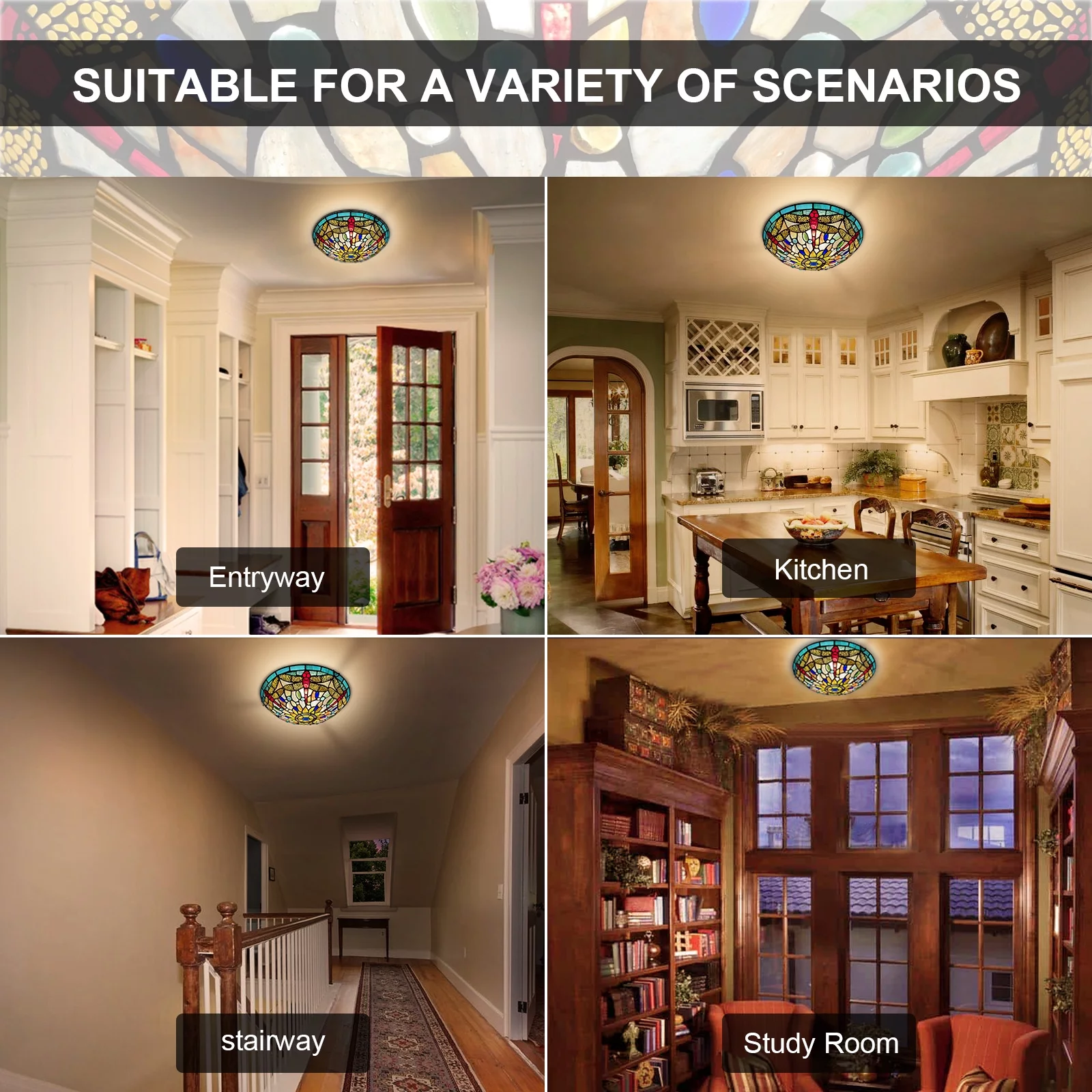 Tiffany Ceiling Light 16 Inch 3-Light Red Dragonfly Stained Glass Flush Mount Light