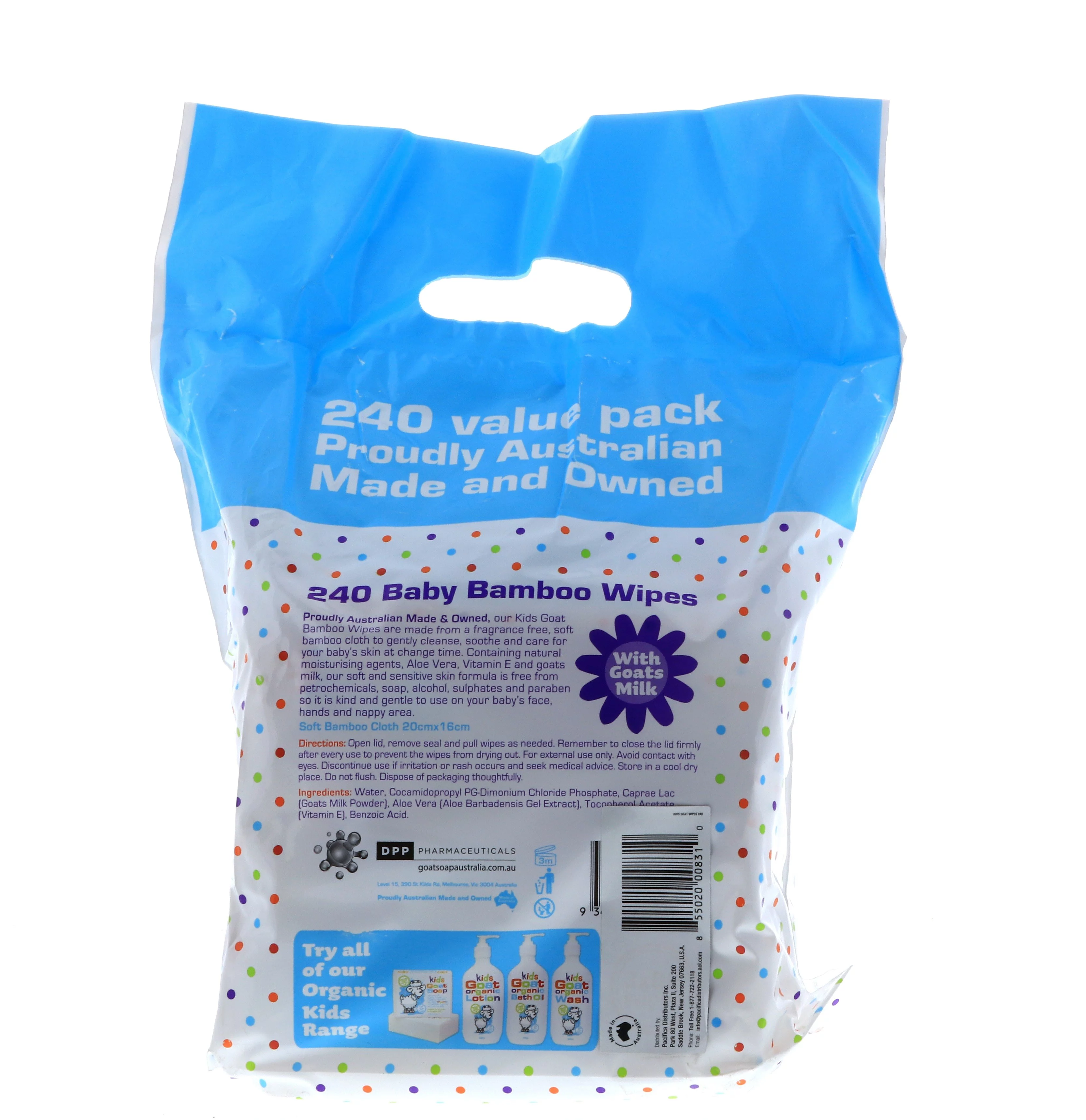 Goat Kids Bamboo Wipes Fragrance Free w/ Goatsmilk, 240's Pack, 51 oz