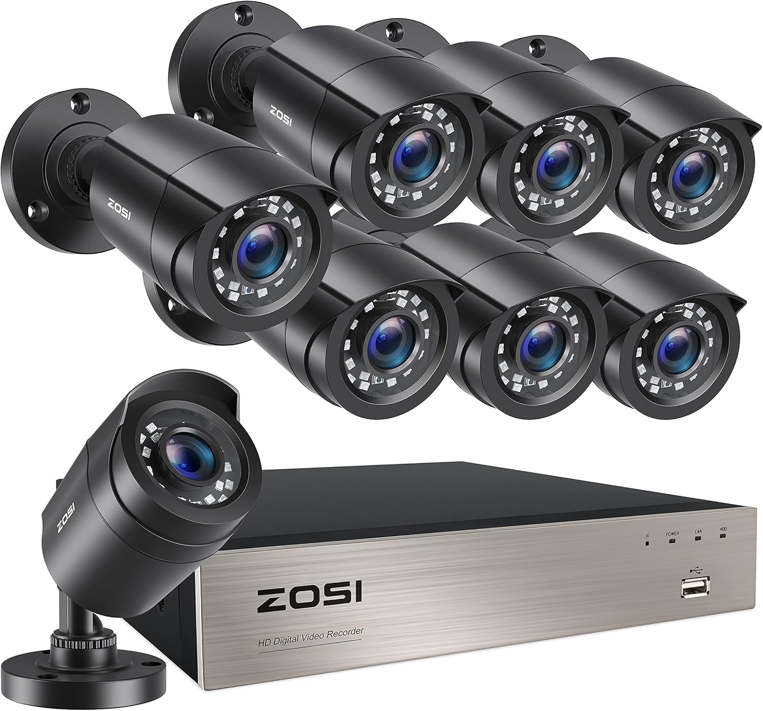 ZOSI H.265+ 8CH 5MP Lite Home Security Camera System Outdoor Indoor,5MP Lite CCTV DVR 8 Channel, 8pcs 1080P 1920TVL Surveillance Bullet Cameras,80ft Night Vision,Motion Alerts,Remote Access(No HDD)