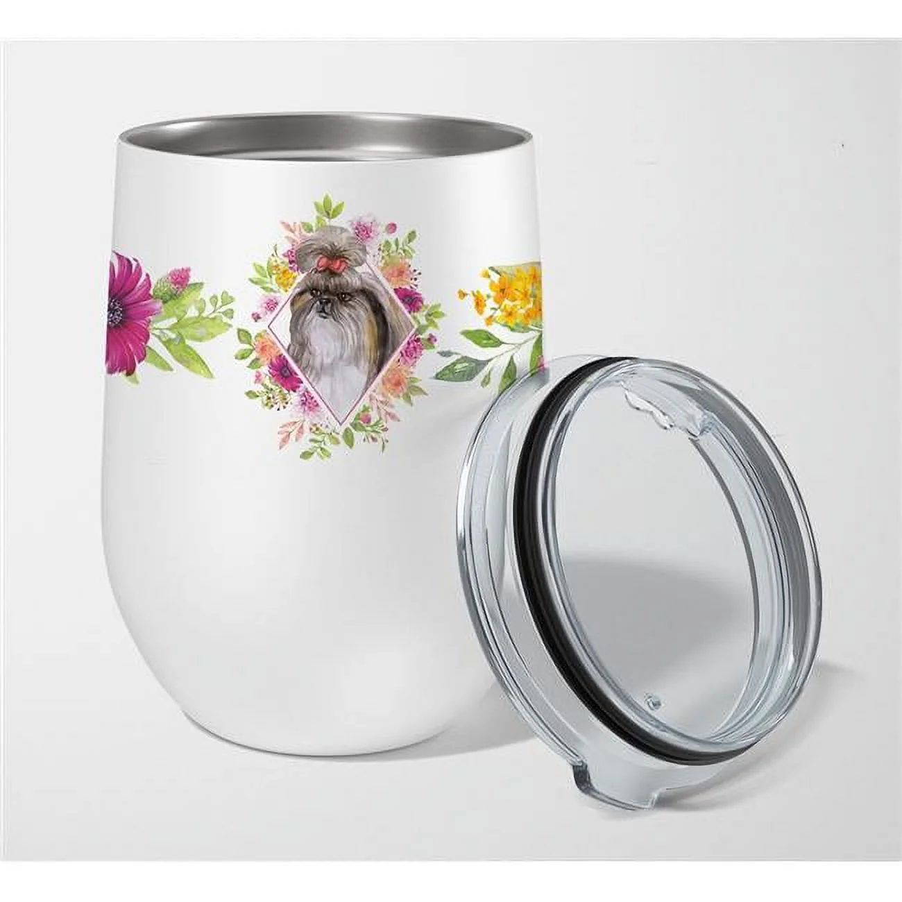 12 oz Shih Tzu Pink Flowers Stainless Steel Stemless Wine Glass