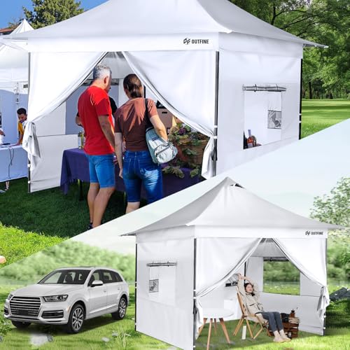 OUTFINE Heavy Duty Canopy 10x10 Pop Up Commercial Canopy Tent with 3 Side Walls Instant Shade, Bonus Upgrade Roller Bag, 4 Weight Bags, Stakes and Ropes (White, 10 * 10FT)