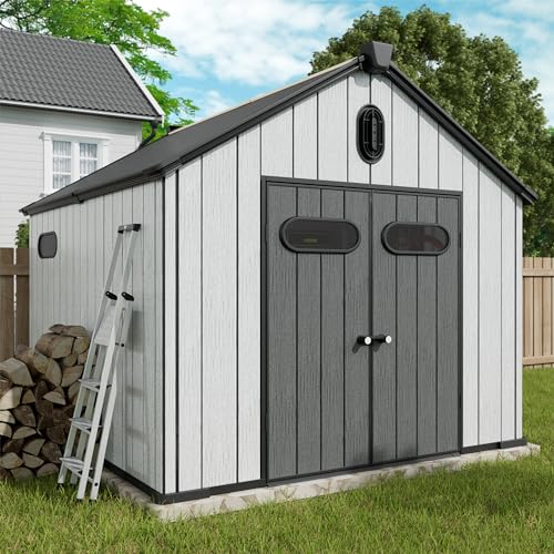 6x6 FT Outdoor Resin Storage Shed, Plastic Shed w/Air Vents & Window for All Weather Resistant, with Floor & Lockable Door, Waterproof for Bike, Garbage Cans, Tools