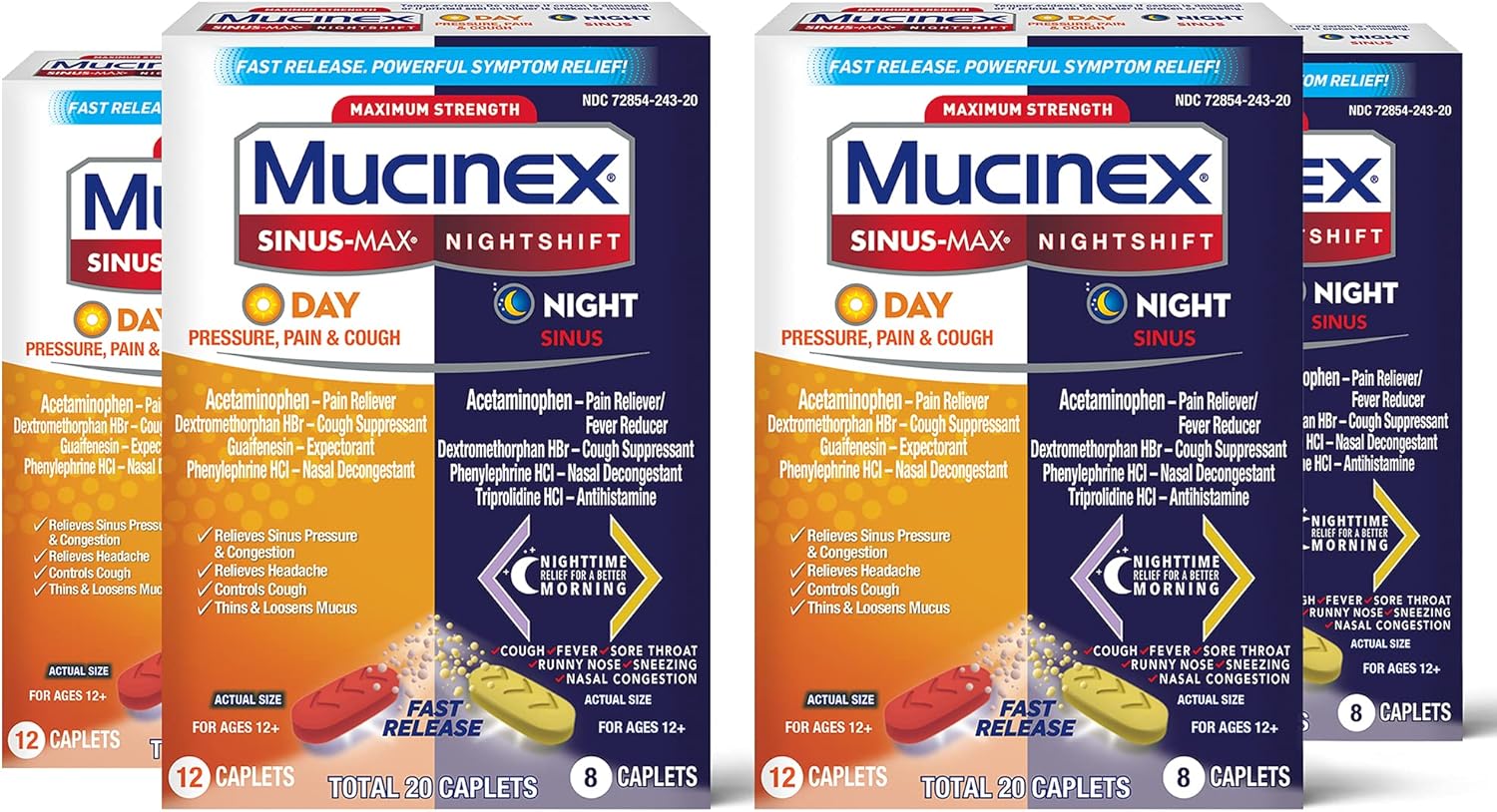 Maximum Strength Mucinex Sinus-Max Pressure, Pain & Cough & Nightshift Sinus Caplets, Fast Release, Powerful Multi-Symptom Relief, 20 caplets (12 Day time + 8 Night time)