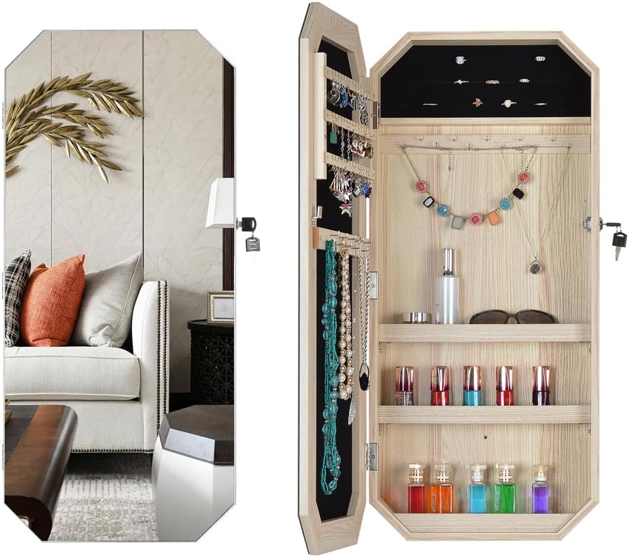 Jewelry Cabinet with Mirror,Full Mirror Octagon Fashion Simple Jewelry Storage Mirror Cabinet Can Be Hung On The Door Or Wall,Natural