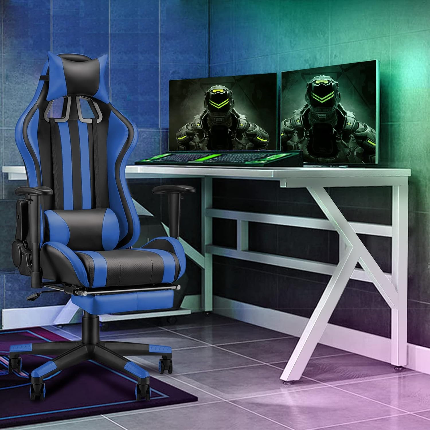 Soontrans Ergonomic Gamer Chair,Racing Gaming Chair with Footrest,Reclining Computer Chair,PU Leather Office Chair,Swivel Desk Chair with Adjustable Headrest Lumbar Pillow(Reddish Blue)