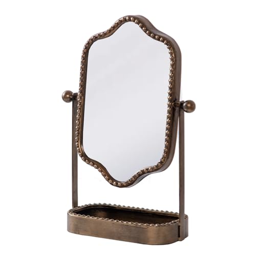 Vintage Tabletop Makeup Mirror with Tray, Metal Antique Decorative Mirror with Stand, 360°Swivel Retro Desktop Dressing Mirror Countertop, Bedroom,Bathroom, Living Room