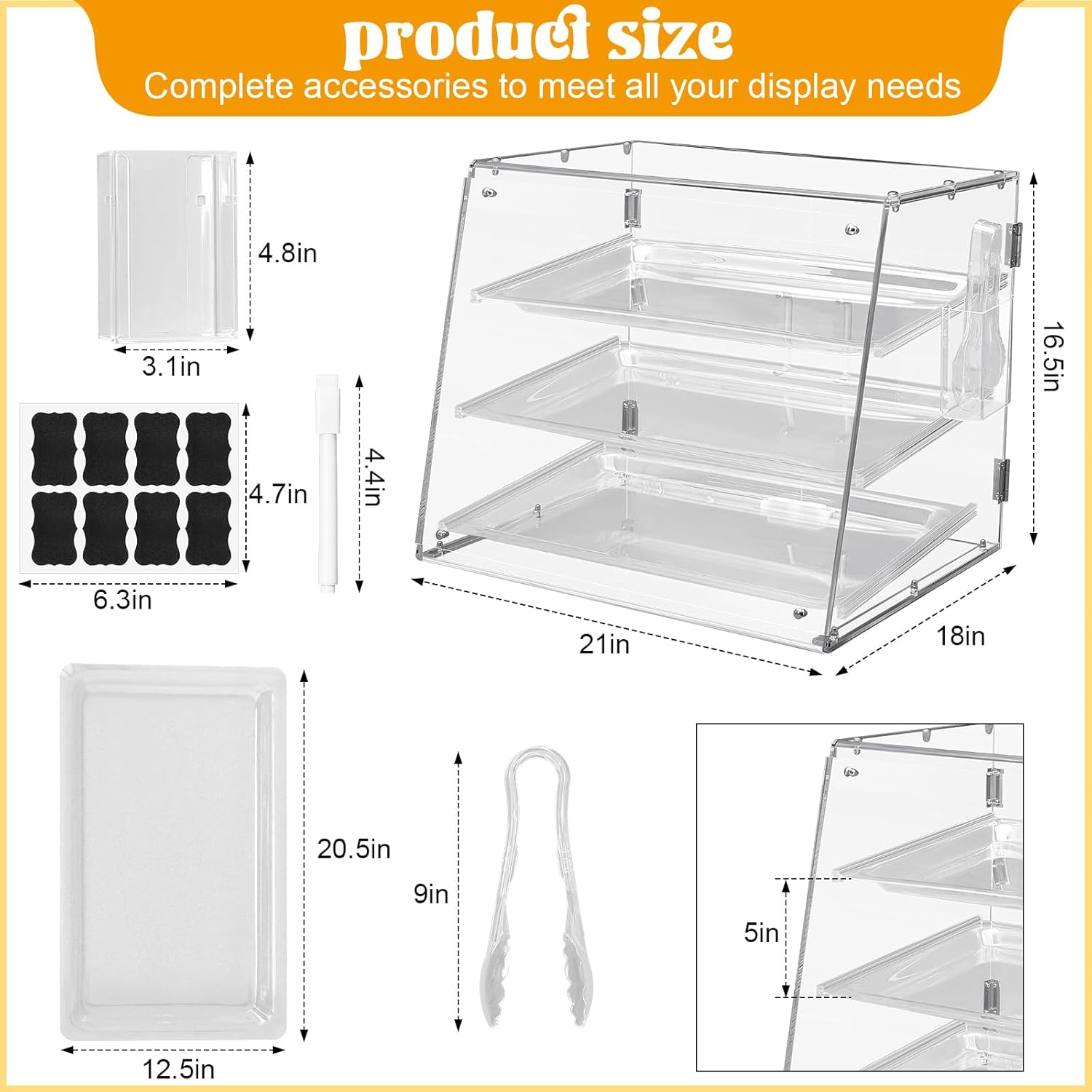 Jinei 3 Tier Tray Acrylic Display Case Bakery Pastry Display Case with Front Rear Door Retail Display Counter Cases Clear Display Case with Serving Tong for Bread, Donut, Cookie 21'' x 18'' x 16.5''