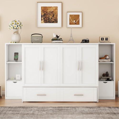 Full Size Murphy Wall Bed With Storage and Bookcase Headboard, Solid Wood Cabinets With Shelves, Drawers and USB Ports, Multi-Function Platform for Home Office, Guest Room - White