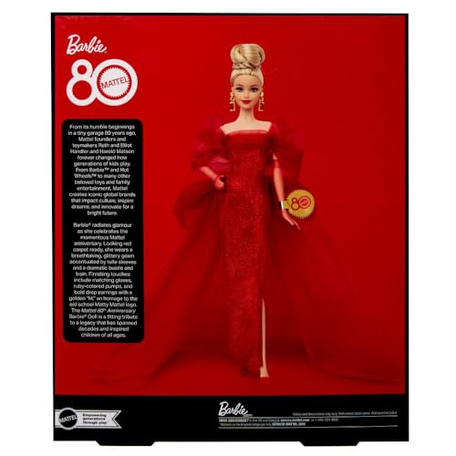 Barbie Signature Doll, Mattel 80th Anniversary Collectible in Glittery Red Tulle Gown with Drop Earrings and Sheer Gloves, Blonde Hair