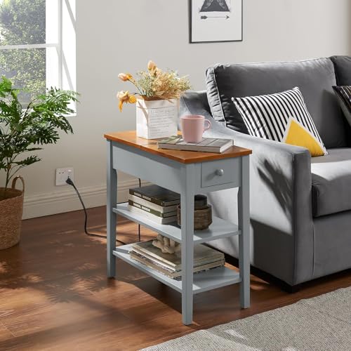 Side Table with Charging Post, End Table with USB Port and Socket, Nightstand with Storage Cabinet for Living Room, Bedroom, Modern Farmhouse Style (Gray)