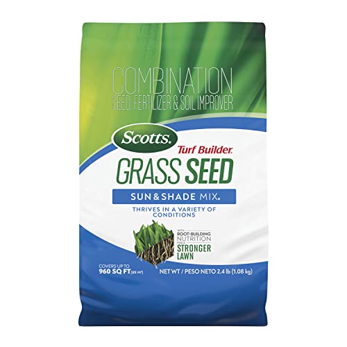 Scotts Turf Builder Grass Seed Sun & Shade Mix with Fertilizer and Soil Improver, Thrives in Many Conditions, 5.6 lbs.