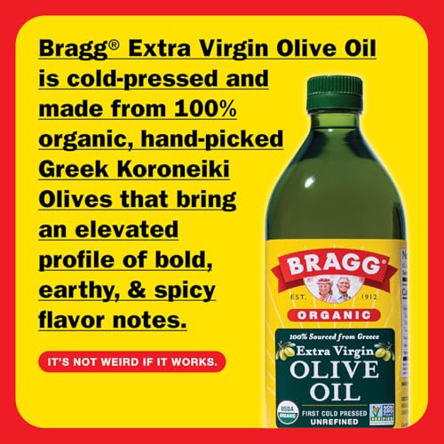 Bragg Organic Extra Virgin Olive Oil – Made with Greek Koroneiki Olives – Cold Pressed EVOO for Marinades & Vinaigrettes – USDA Certified, Non-GMO, Kosher (128 Ounce)
