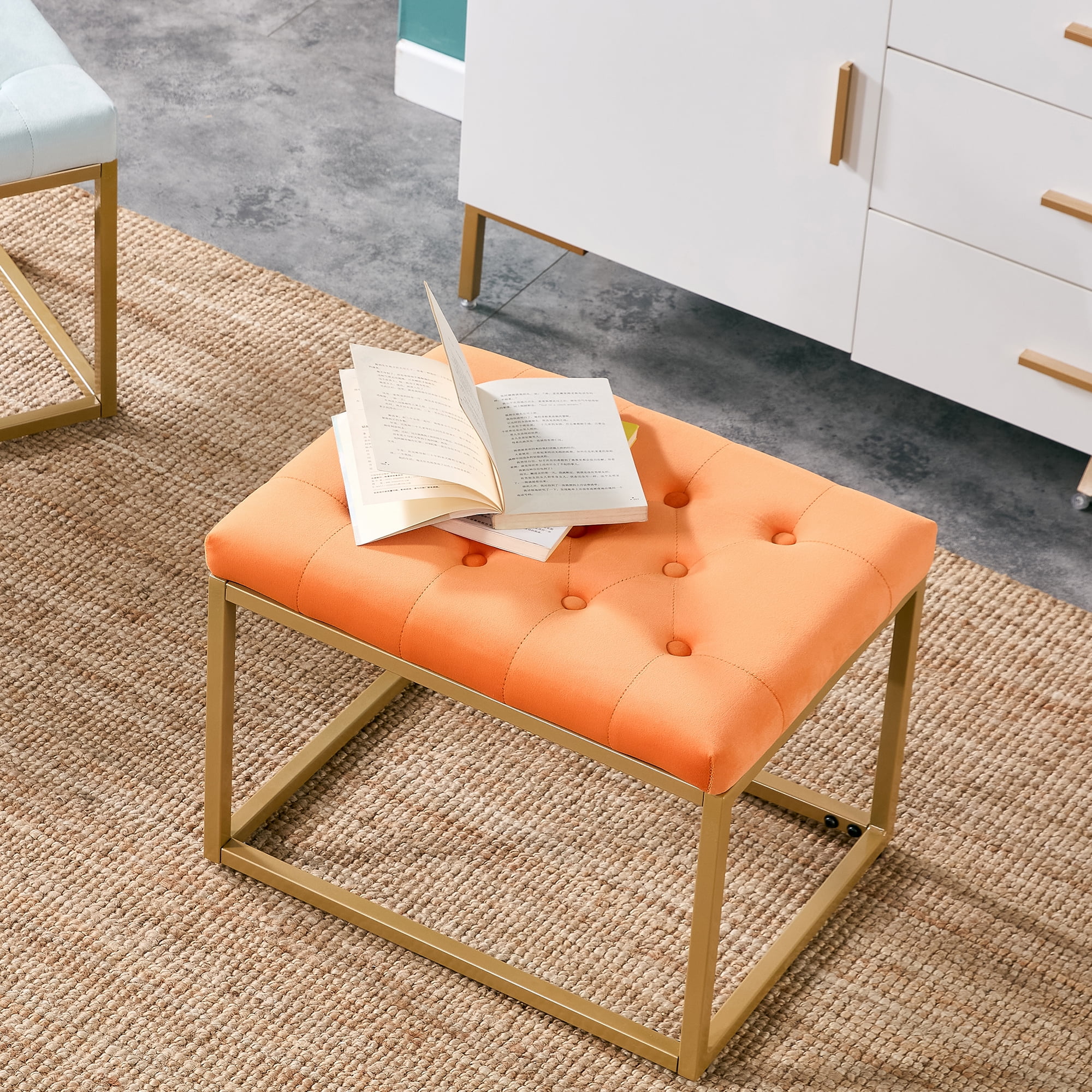 Velvet Shoe Changing Stool, Orange Footstool, Square Vanity Chair, Sofa stool,Makup Stool .Vanity Seat ,Rest stool. Piano Bench .Suitable for Clothes Shop,Living Room, Porch, Fitting Room Bedroom