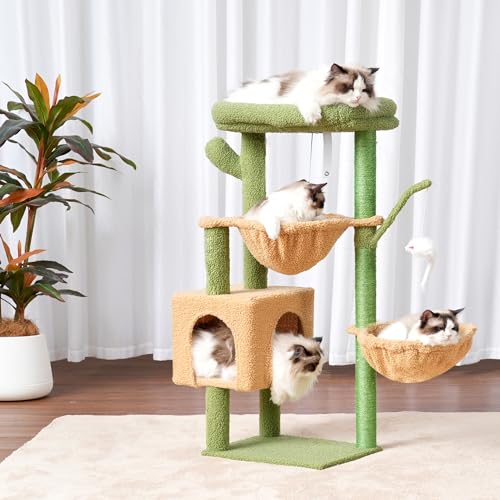 Heybly Cat Tree, 39.4 Inches Tower Condo with Scratching Post, Cat Tower for Indoor Cats, Fully Wrapped Sisal Pole, Soft Platform, 2 Baskets and Dangling Toy, Light Gray HCT006SW