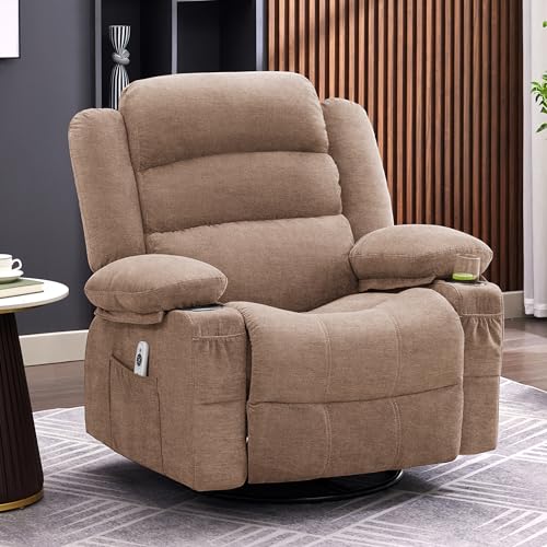 Rocker Recliner Chair with Heat and Massage, 360° Swivel Recliner Chairs for Adults, Oversized Recliner Single Sofa Seat with Cup Holders, Lazy Boy Recliner Single Sofa Seat, Black