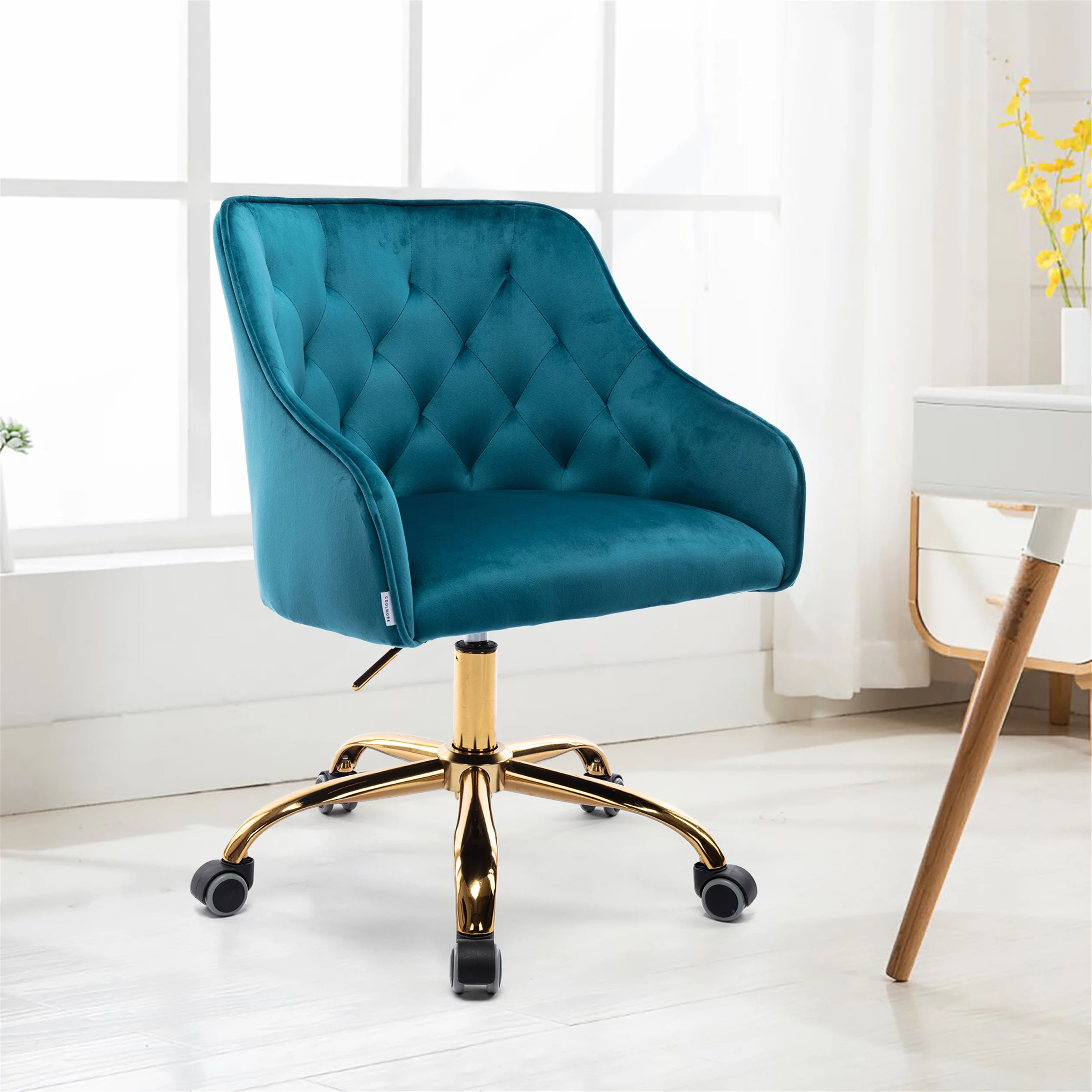 Royard Oaktree Velvet Office Chair Upholstered Swivel Desk Chair 360 Degree Rolling Chair with Gold Metal Base and Wheels Adjustable-Height Leisure Armchair for Living Room/Bedroom/Office,Teal