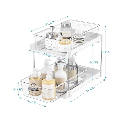 Vtopmart 4 Pack Bathroom Organizer, 2 Tier Clear Under Sink Organizers Vanity Countertop Storage Container,Cabinet Drawers Bins, Pull-Out Organization with Track for Pantry, Kitchen