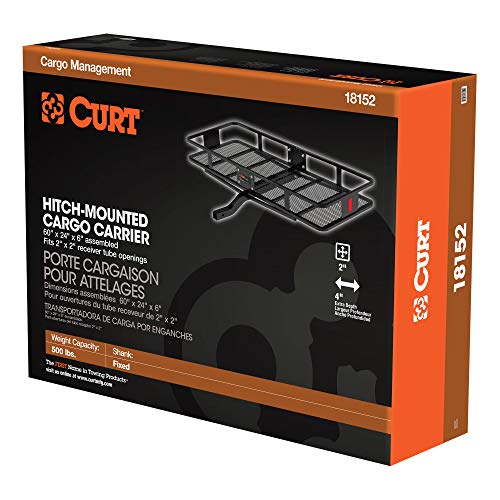 CURT 18152 60 x 24-Inch Basket Hitch Cargo Carrier, 500 lbs Capacity, Black Steel, 2-in Fixed Shank
