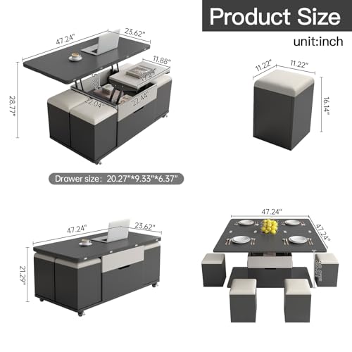 Modern Lifting Coffee Table with 4 Stools,Lift Top Coffee Table with Storage,Multifunctional End Table for Eating Area,Great As Work Or Snack Station