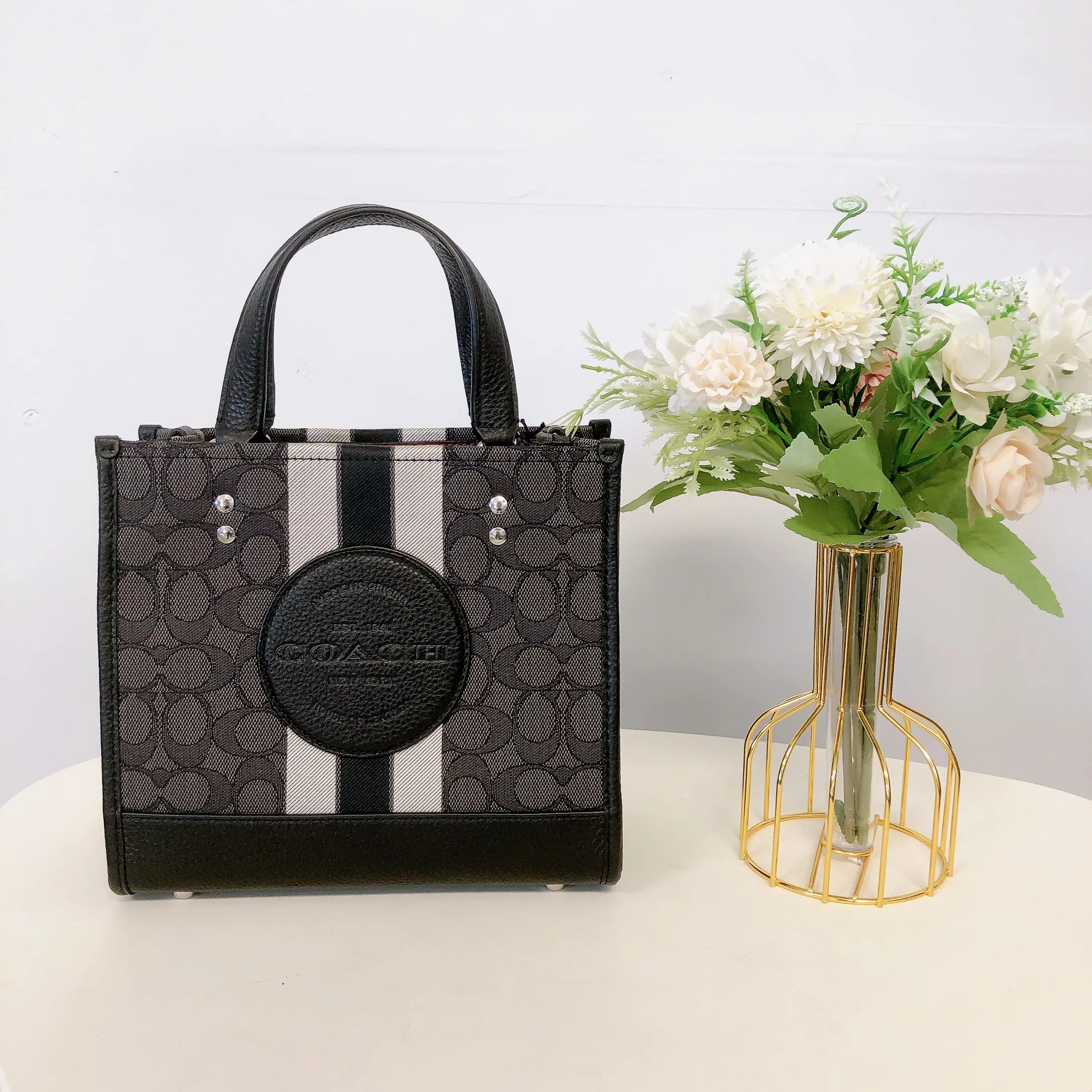 Coach C8417 Dempsey Tote 22 In Signature Jacquard With Stripe And Coach Patch IN Black Smoke Black Multi