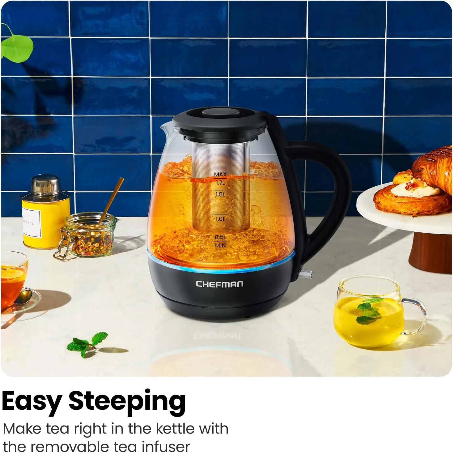 Chefman Fast Boil 1.7L Electric Glass Kettle w/ Tea Infuser, Removable Lid - Black, New