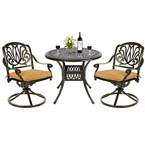 MEETWARM 3-Piece Outdoor Patio Dining Set, All-Weather Cast Aluminum Patio Conversation Set for Backyard Garden Deck with 2 Cushions Swivel Rocker Chairs and 31