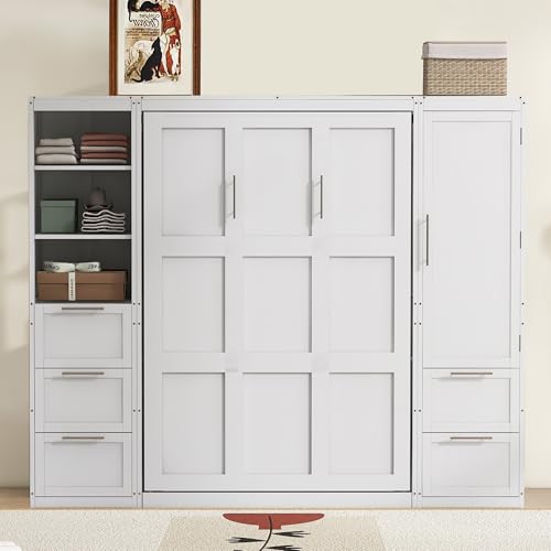 Harper & Bright Designs Queen Size Murphy Bed with Closet, Wall Bed with Drawers and Shelves, White