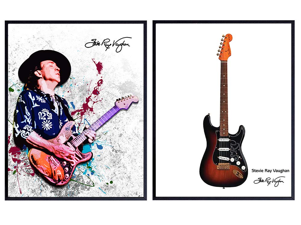 Stevie Ray Vaughan and Guitar Wall Art Print Poster Set - Inexpensive Gift for 80's Eighties Blues Music Fans and Musicians - Unique Home Decor for Man Cave, Game or Rec Room - 8x10 Photos Unframed
