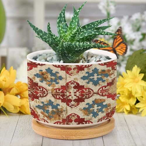 Chinoiserie Blue And White Porcelain Vase Planter Ceramic Round Plant Pots with Drainage Holes And Bamboo Tray Planting Small Flower Pots for Home Windowsill Desk Garden Indoor Outdoor Use