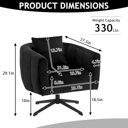 Karl home 360° Swivel Accent Chair, Modern Velvet Fabric Living Room Barrel Chairs, Comfy Wide Upholstered with Fluffy Cushions and Metal Legs, Armchair for Living Room, Lounge, Office (Black)