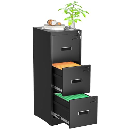 Greenvelly Lateral File Cabinet 2 Drawer, Black Filing Cabinet with Lock, Lockable File Cabinet for Home Office, Locking Metal File Cabinet for Legal/Letter/A4/F4 Size with Hanging Bars&Key