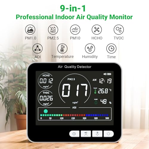 14 in 1 Air Quality Monitor Indoor with Beep Alarm, 6 AQI Air Quality Detector with PM1.0|PM2.5|PM10|HCHO|TVOC|AQI|Temperature|Humidity|Time for Home, Hotel, Office, Car, Battery Powered Air Monitor