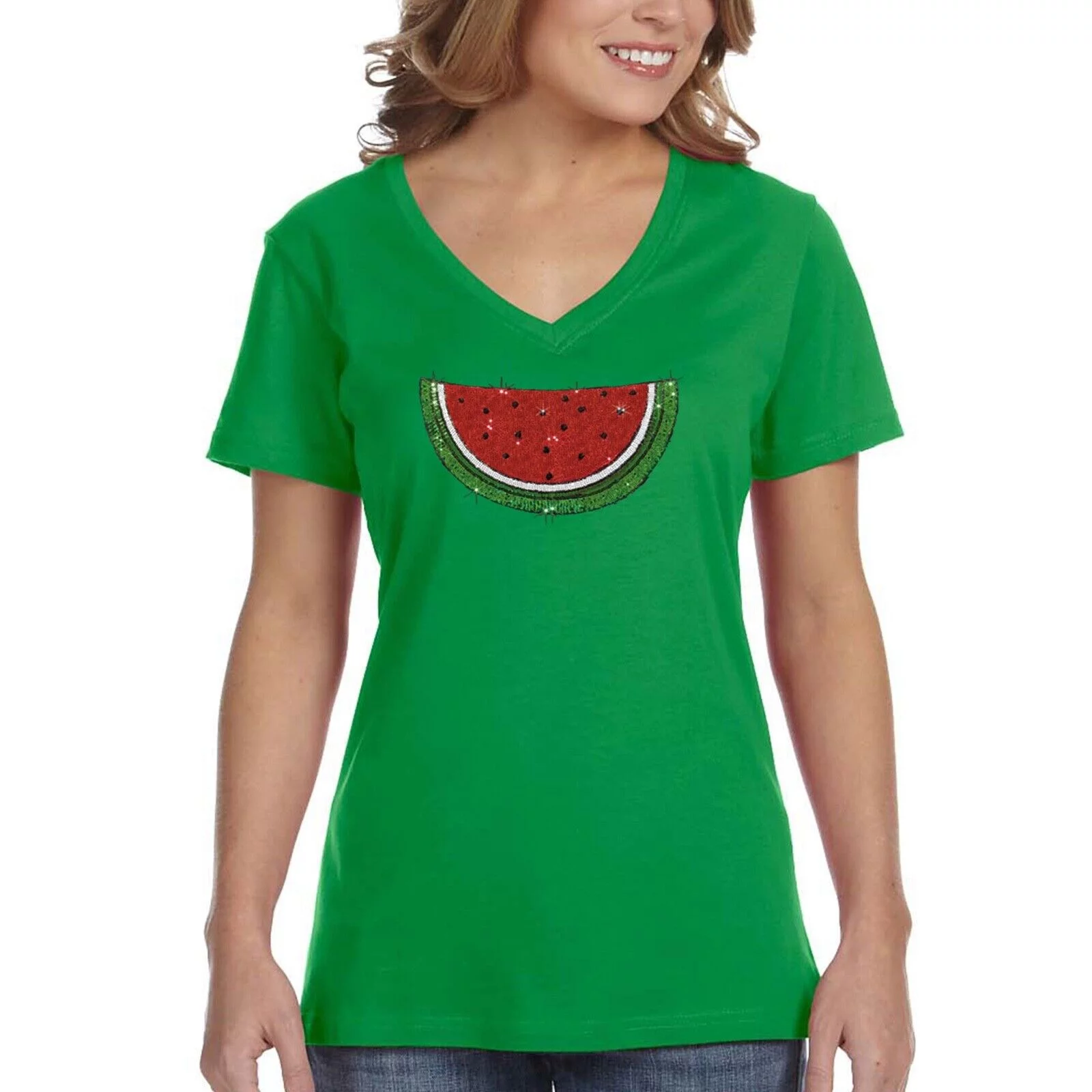 XtraFly Apparel Womens Watermelon Fruit Vacation Sparkle Gift Cute Sequin Sequined VNeck T-Shirt