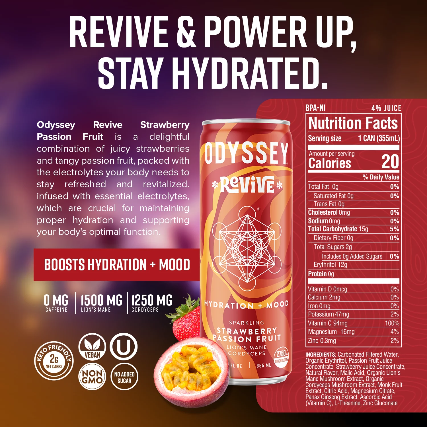 Odyssey Elixir Hydration and Focus Sparkling Mushroom Drink, Revive Strawberry Passion Fruit Flavor 12 Fl oz (Pack of 12)