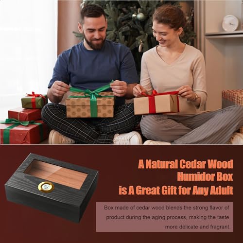Cedar Wood Box with Glass Top Black Men Desktop Gift Case for Father with Digital Hygrometer, Humidifier for 20-25pcs