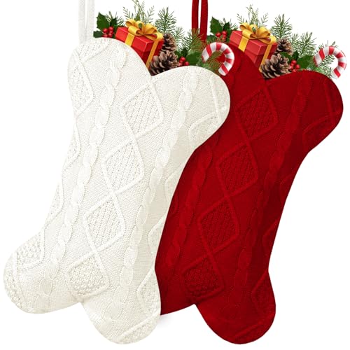 2 Pack Dog Christmas Stocking, 18 Inch Large Double Side Knitted Christmas Stocking for Dogs, Bone Shaped Hanging Dog Stockings for Dogs Pets (White & Red)