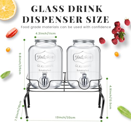 Glass Drink Dispenser for Party Set of 2-1 Gallon, 2 Pcs Ice Chilled Condiment Caddy with Lid and Spoon Halloween Drink Dispenser with Stand and Spigot for Summer Wedding Party Bar Supplies