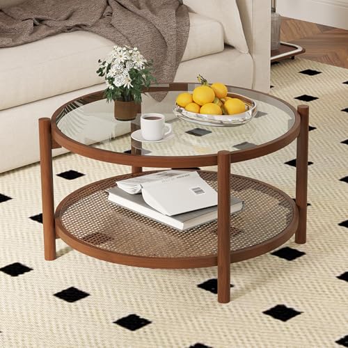 GOFLAME Rattan Coffee Table, Boho Glass Center Table with Solid Wood Frame, Tempered Glass Top, PE Rattan Storage Shelf, Rustic, Wood Tea Table 2-Tier for Living Room, Apartment, Brown