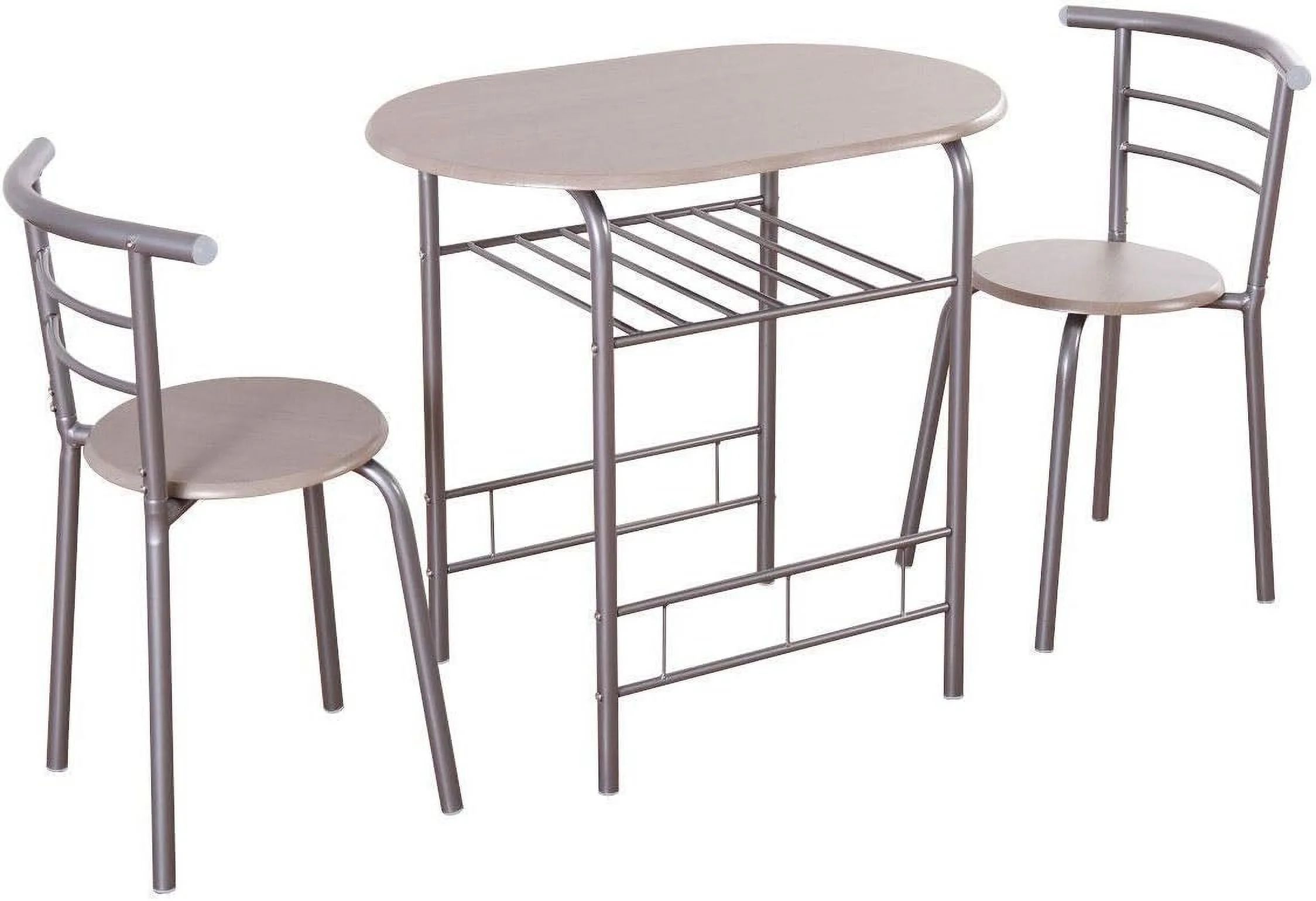 3 Piece Dining Table & Chair Set W/2 Chairs, Metal Frame,Built-In Wine Rack And Storage Shelf Bistro Pub Breakfast Space Saving For Apartment And Kitchen Bistro Pub Table Set(Silver & Natural)