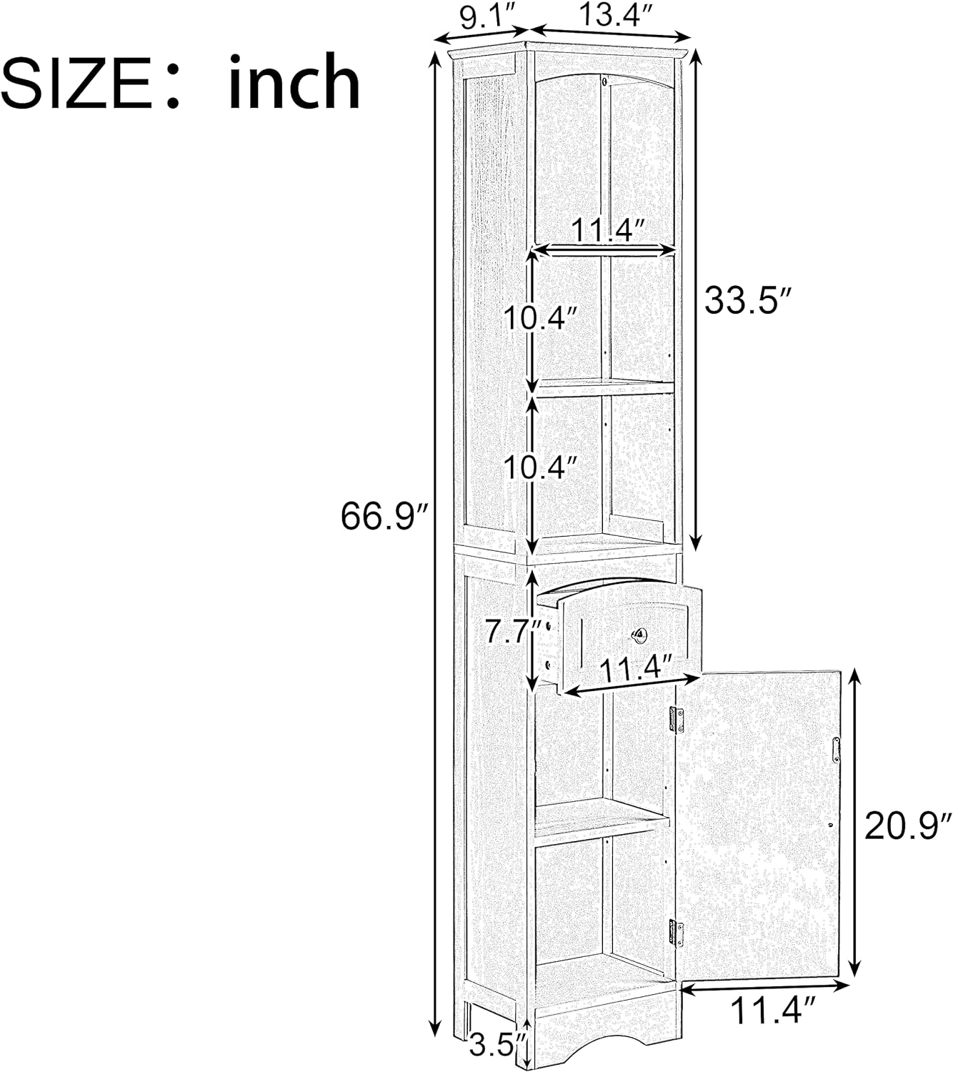 Tall Slim Bathroom Storage, Narrow Freestanding Floor Cabinets Tower w/ 3-Tier Adjustable Shelf and 1 Drawer for Home, Kitchen, Living Room, Anti-Tipping, 13.4