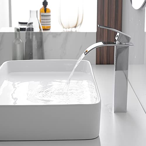 BWE Vessel Sink Faucet Modern Waterfall Chrome Single Hole Bathroom Faucet Single Handle with Pop up Drain Without Overflow Assembly Vanity Basin Bath Sink Faucets Mixer Tap