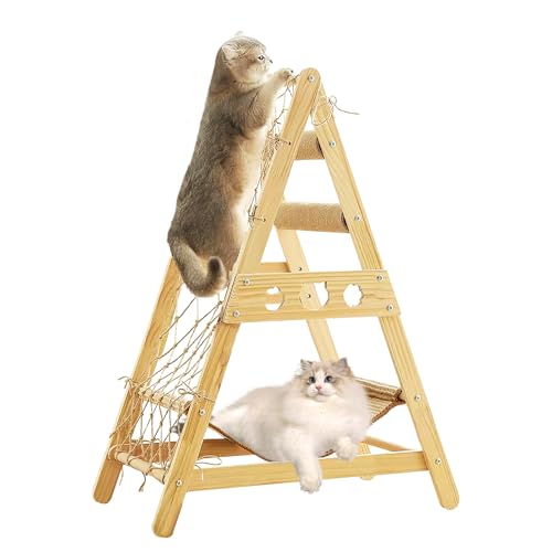 Cat Tower for Indoor Cats with Hammock Straching Post Climbing Web and Danging Sisal Ball, Cute Solid Wood Cat Tree