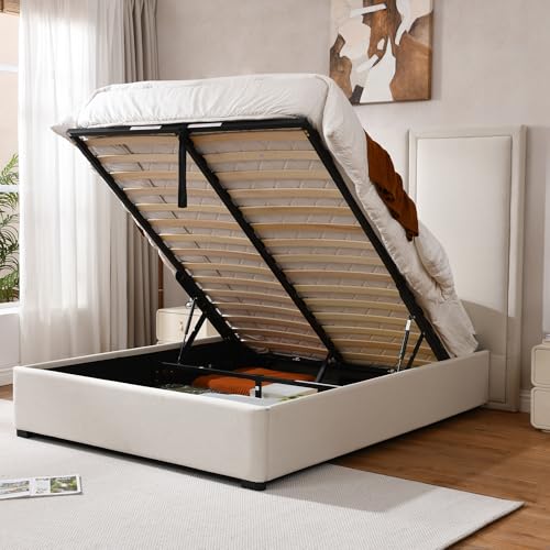 YUHUASHI Queen Size Bed Frame with 64-inch High Headboard, Simple and Airy Linen Upholstered Platform Bed with Queen Size Storage Drawers, Wood Slat, No Noise (Beige, King)
